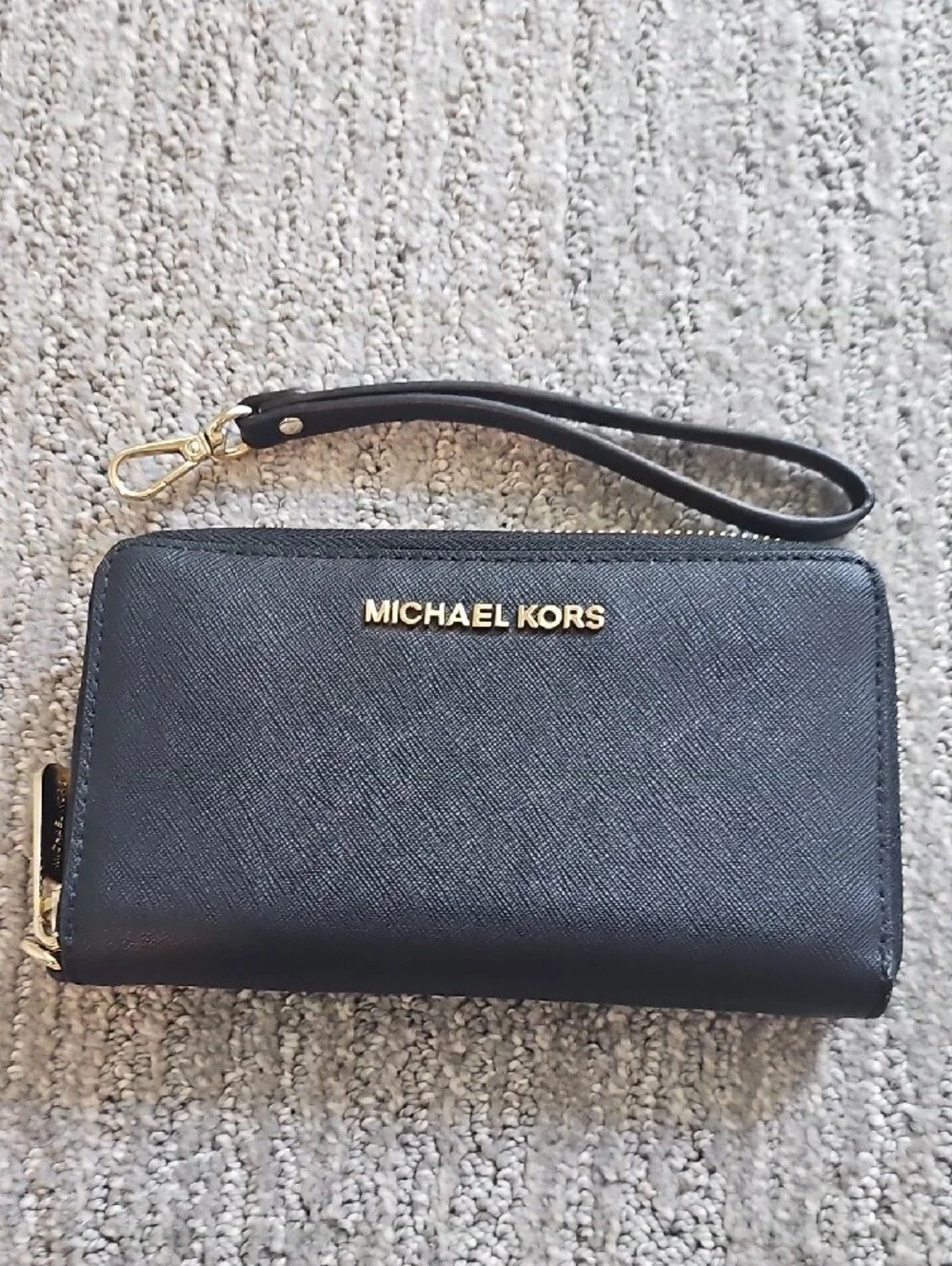 Michael Kors Black Saffiano Leather Wristlet Wallet with Gold Hardware